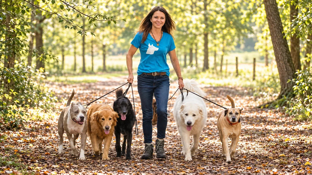 Angie Woods walking a calm pack of dogs outdoors, illustrating connection, dog psychology, and understanding a dog's perspective