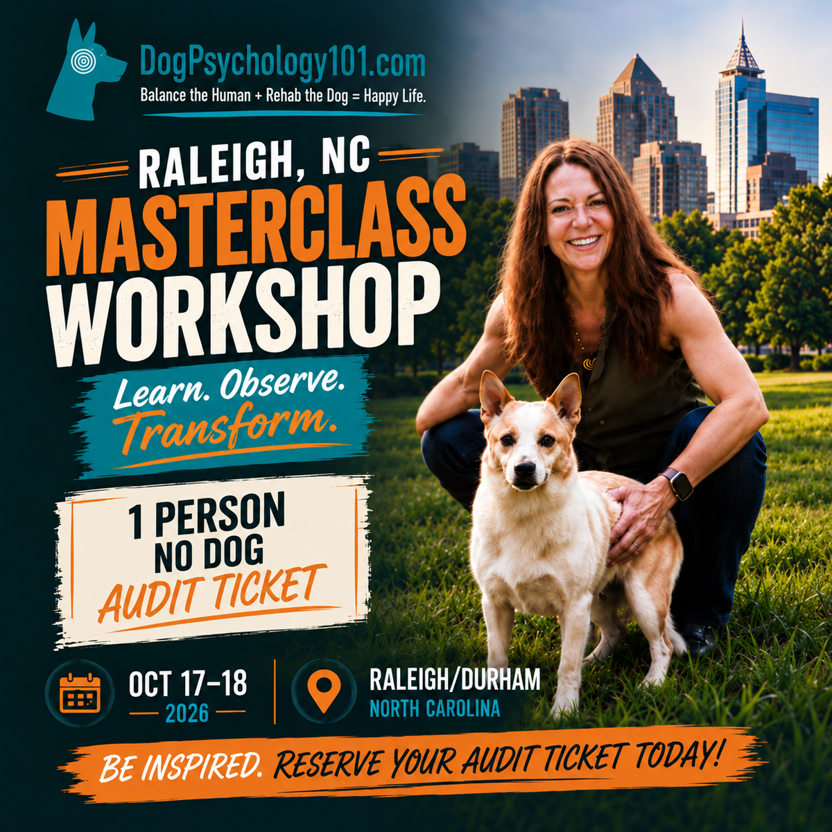 Raleigh/Durham Dog Behavior Workshop & Masterclass | Angie Woods Person/1 Dog Ticket