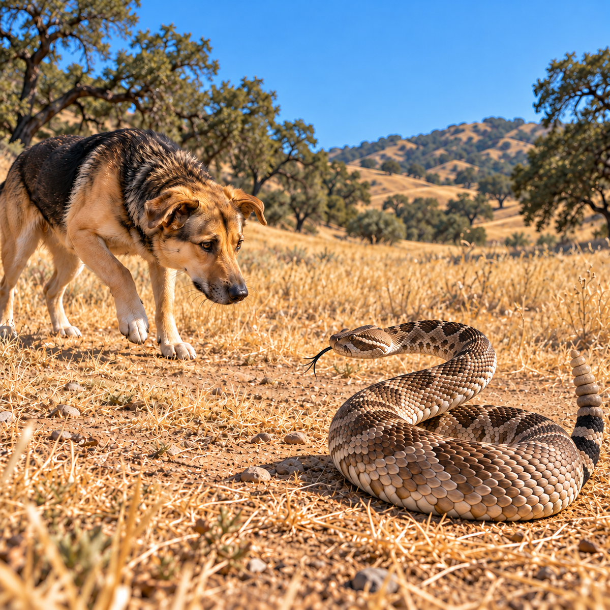 Curious dog approaching a rattlesnake in a California foothill field, Rattlesnake Aversion Clinic in Red Bluff