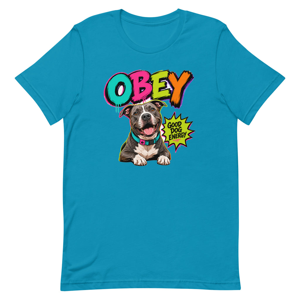OBEY Good Dog Energy unisex t-shirt in aqua, front view