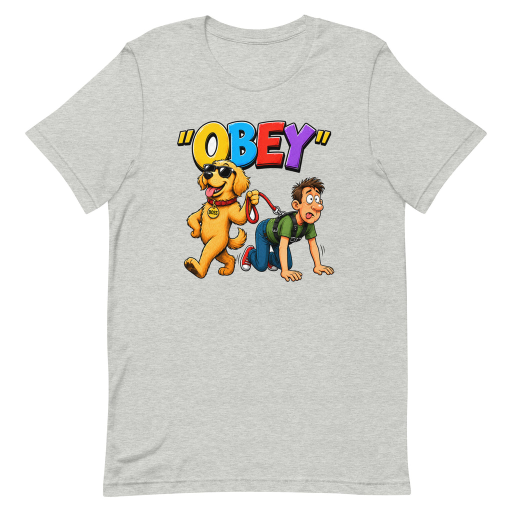 OBEY Dog Walking Human unisex t-shirt in athletic heather, front view
