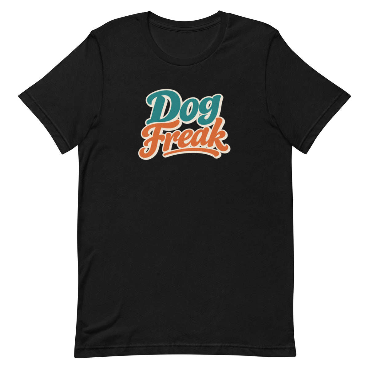 Black t-shirt with Dog Freak in retro script, funny dog lover shirt by Dog Psychology 101