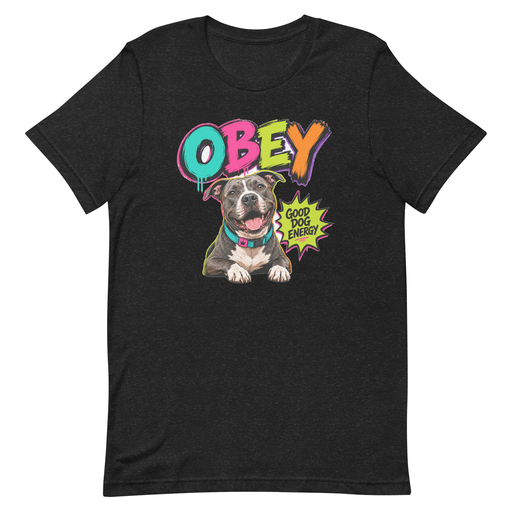 OBEY Good Dog Energy unisex t-shirt in black heather, front view