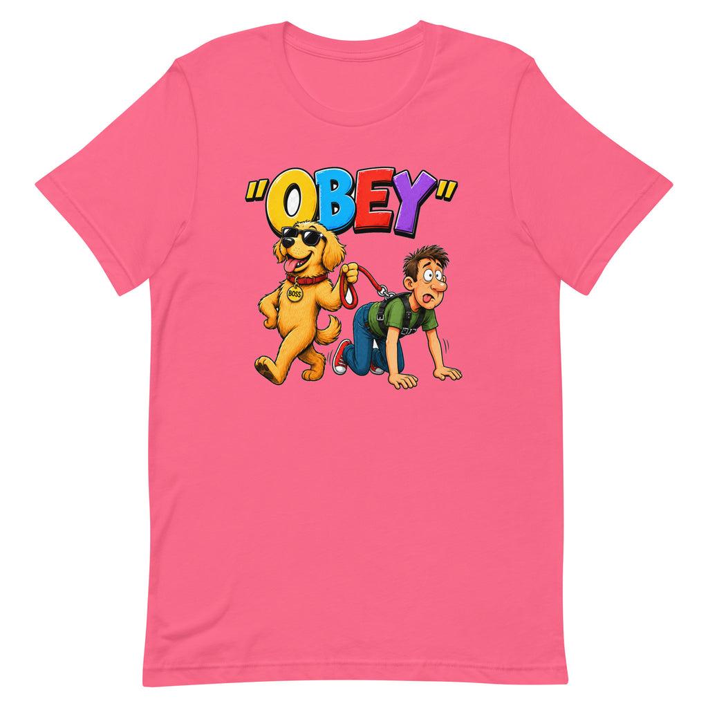 OBEY Dog Walking Human unisex t-shirt in charity pink, front view