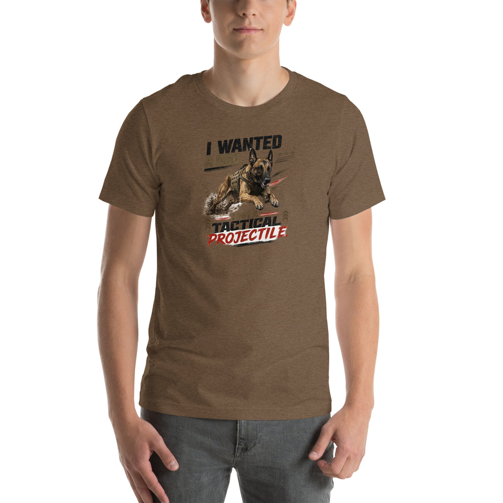 Tactical Projectile Belgian Malinois unisex t-shirt in heather brown, front view