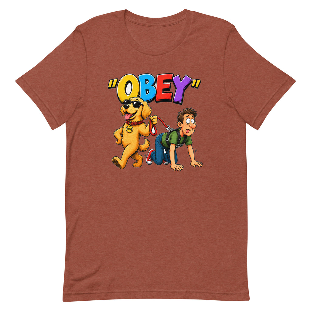 OBEY Dog Walking Human unisex t-shirt in heather clay, front view