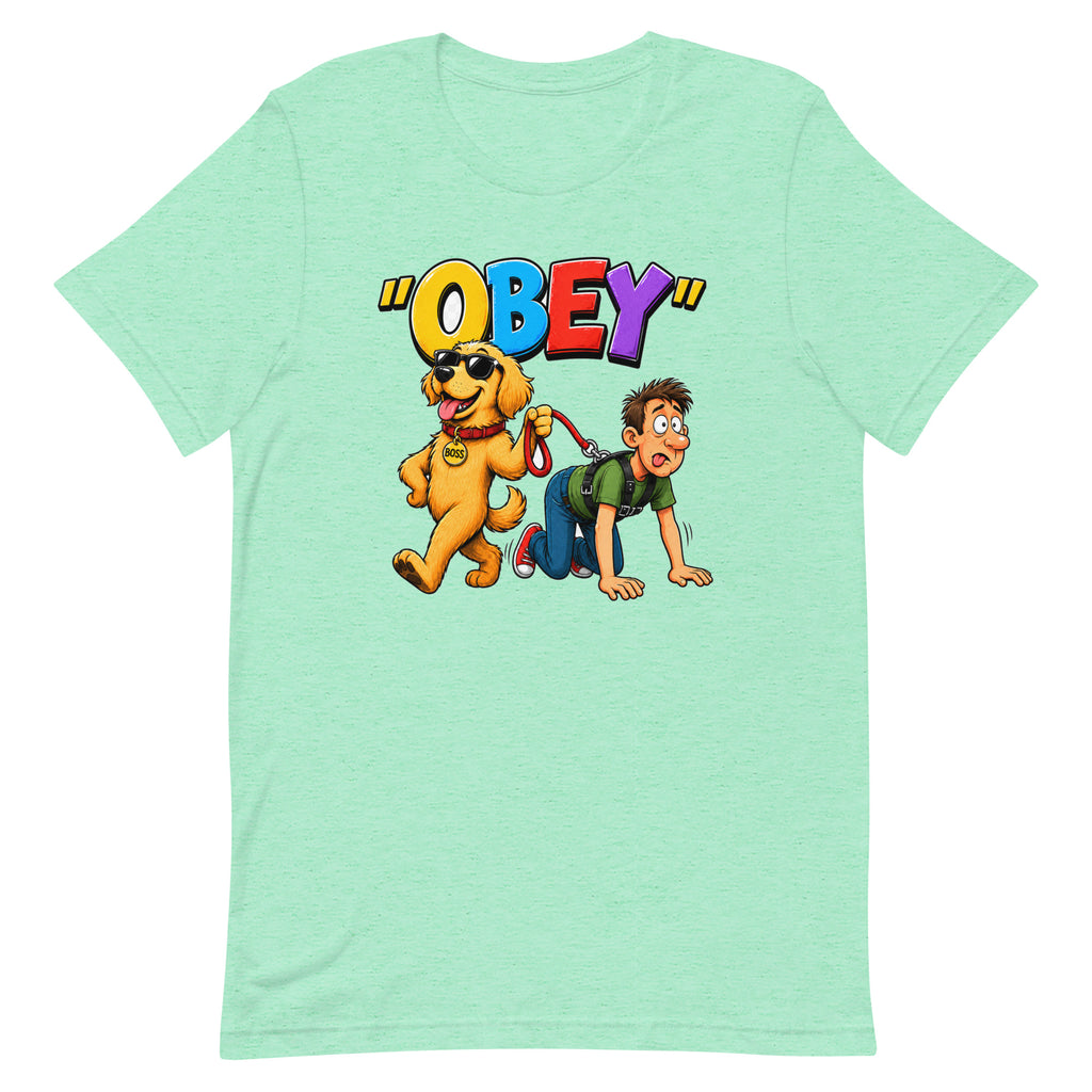 OBEY Dog Walking Human unisex t-shirt in heather mint, front view