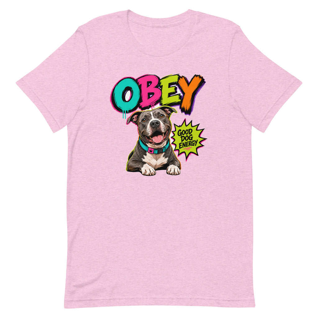 OBEY Good Dog Energy unisex t-shirt in heather prism lilac, front view