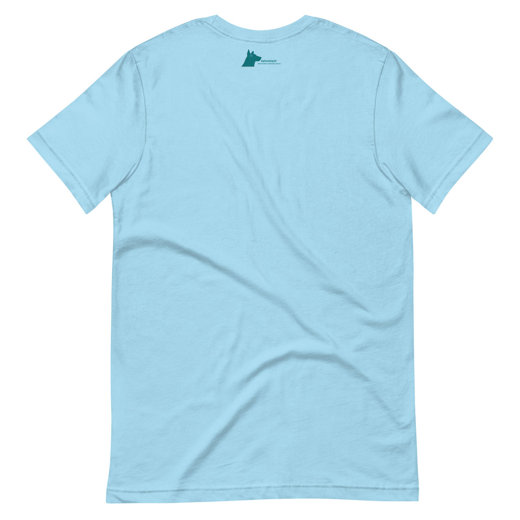 Back of ocean blue Dog Freak t-shirt by Dog Psychology 101