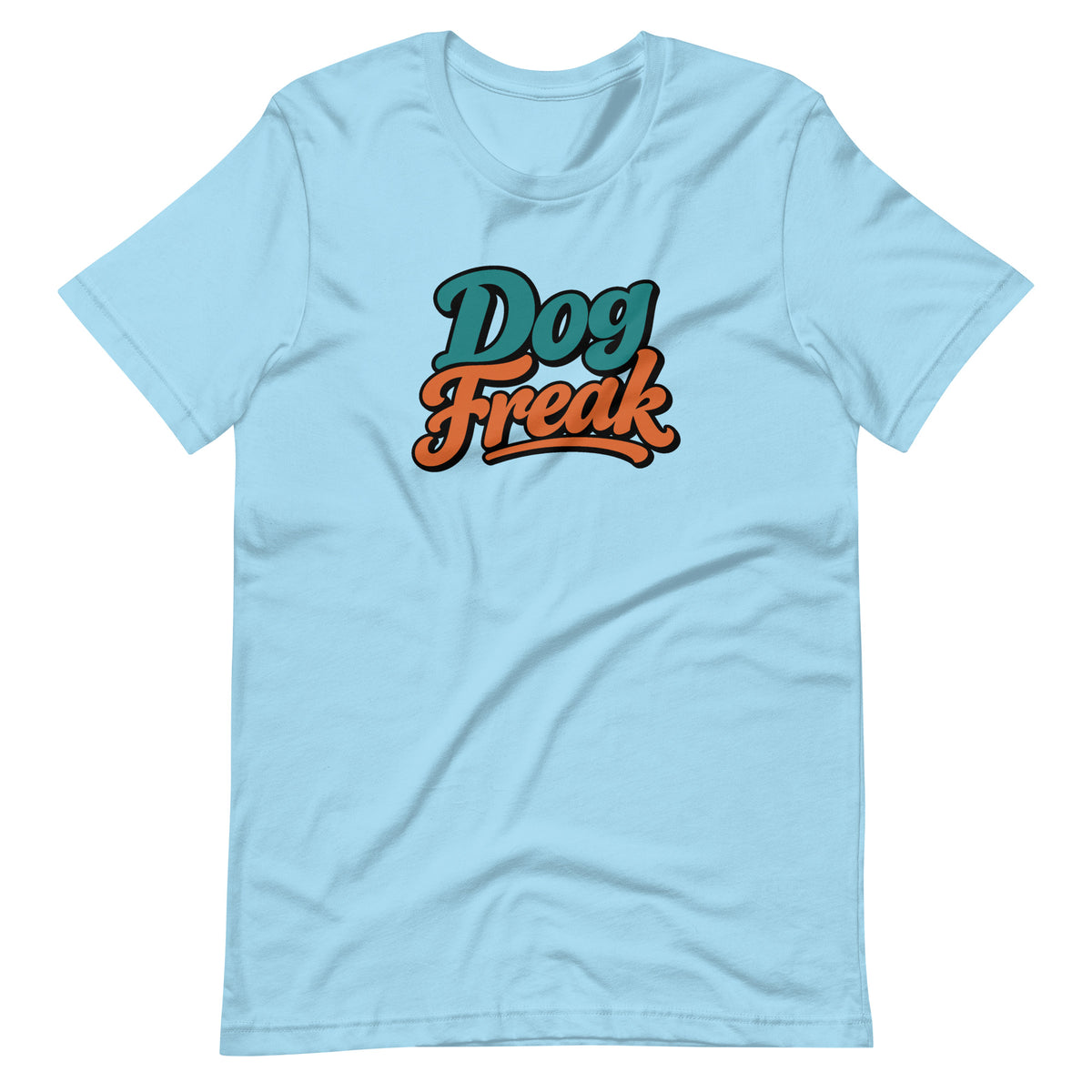 Ocean blue t-shirt with Dog Freak in retro script, funny dog lover shirt by Dog Psychology 101