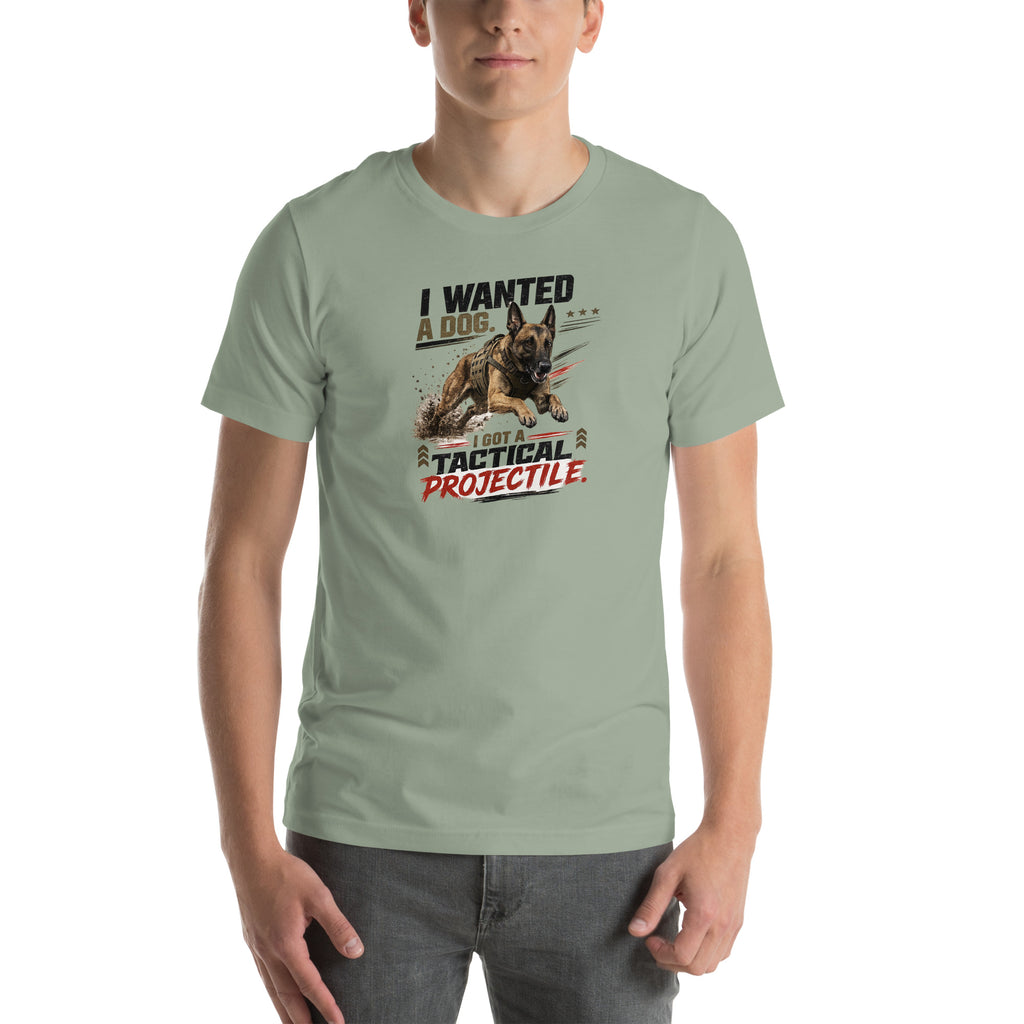 Tactical Projectile Belgian Malinois unisex t-shirt in sage, front view