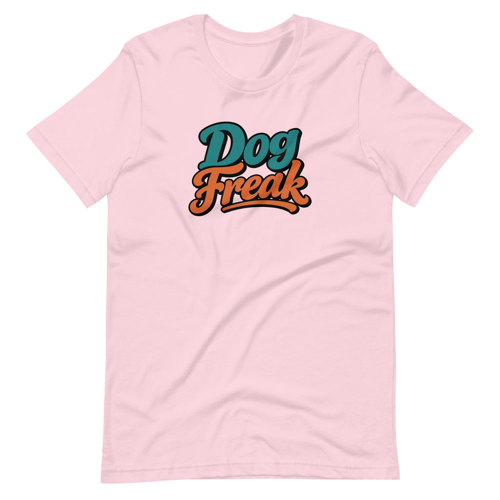 Soft pink t-shirt with Dog Freak in retro script, funny dog lover shirt by Dog Psychology 101