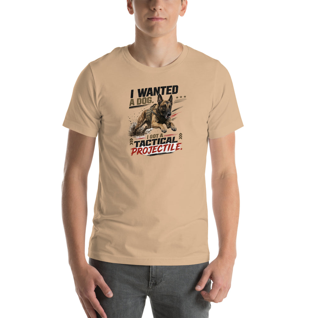 Tactical Projectile Belgian Malinois unisex t-shirt in tan, front view