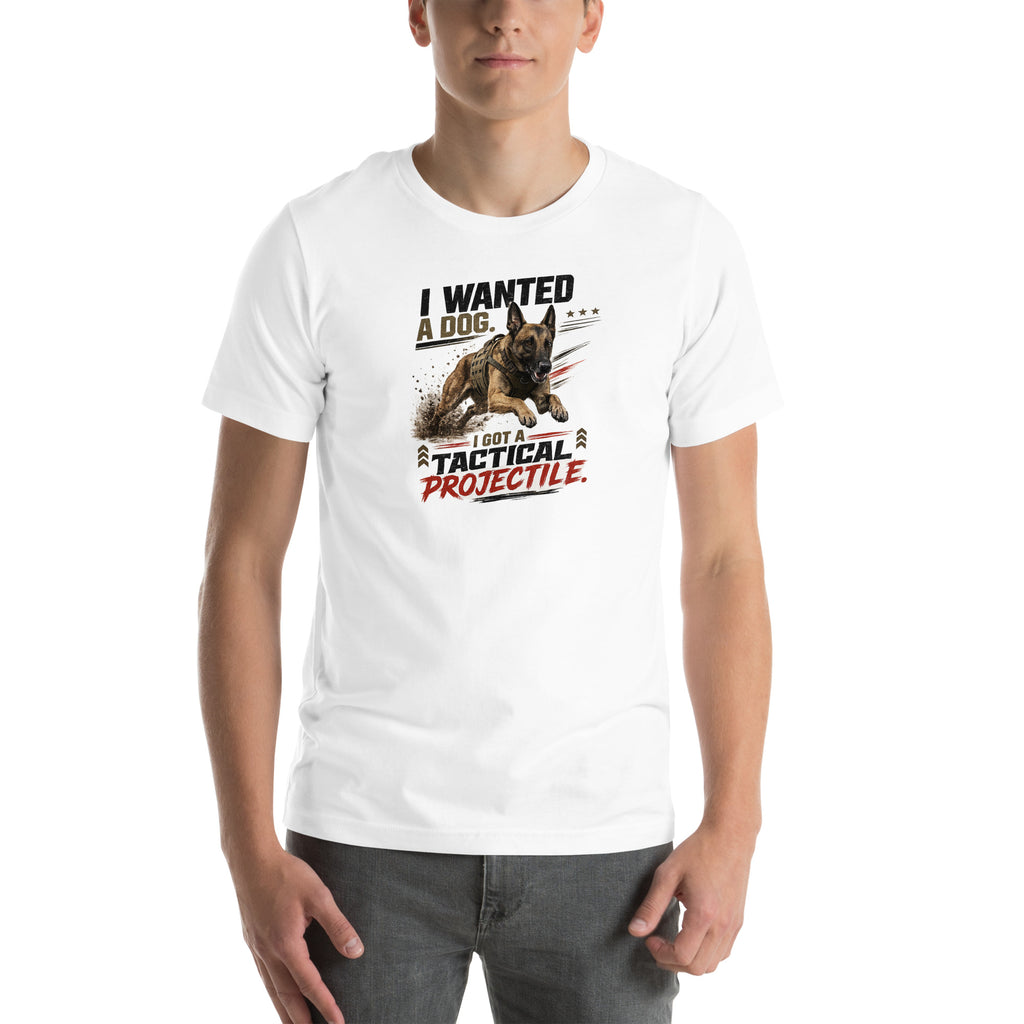 Tactical Projectile Belgian Malinois unisex t-shirt in white, front view
