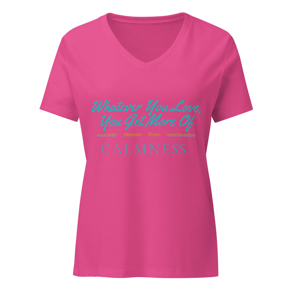 Whatever You Love, You Get More Of women's relaxed v-neck t-shirt in berry, front view