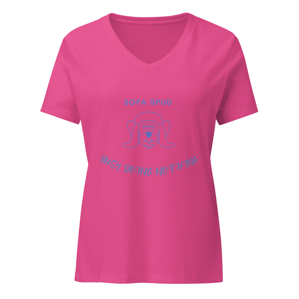 Dogenality℠ Sofa Spud women's relaxed v-neck t-shirt in berry, front view