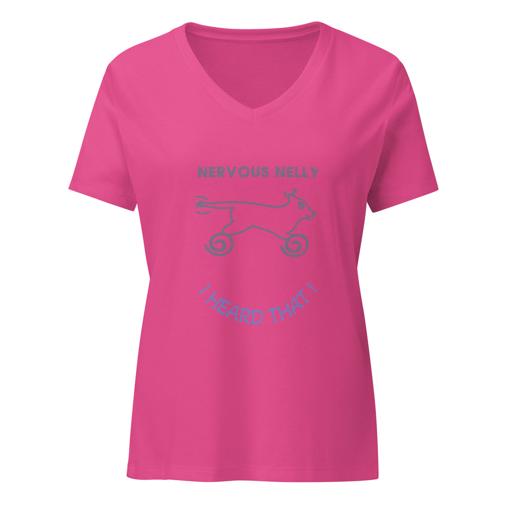 Dogenality℠ Nervous Nelly women's relaxed v-neck t-shirt in berry, front view