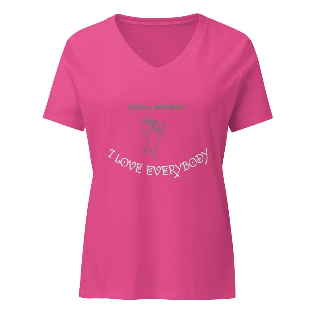 Dogenality℠ Social Butterfly women's relaxed v-neck t-shirt in berry, front view