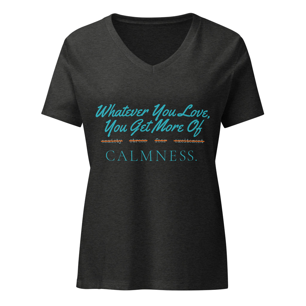 Whatever You Love, You Get More Of women's relaxed v-neck t-shirt in dark grey heather, front view
