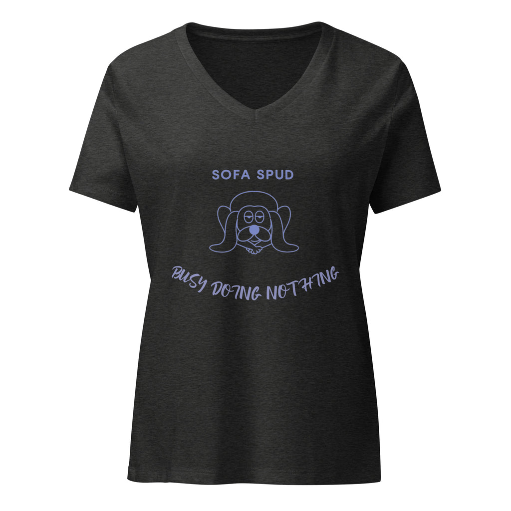 Dogenality℠ Sofa Spud women's relaxed v-neck t-shirt in dark grey heather, front view