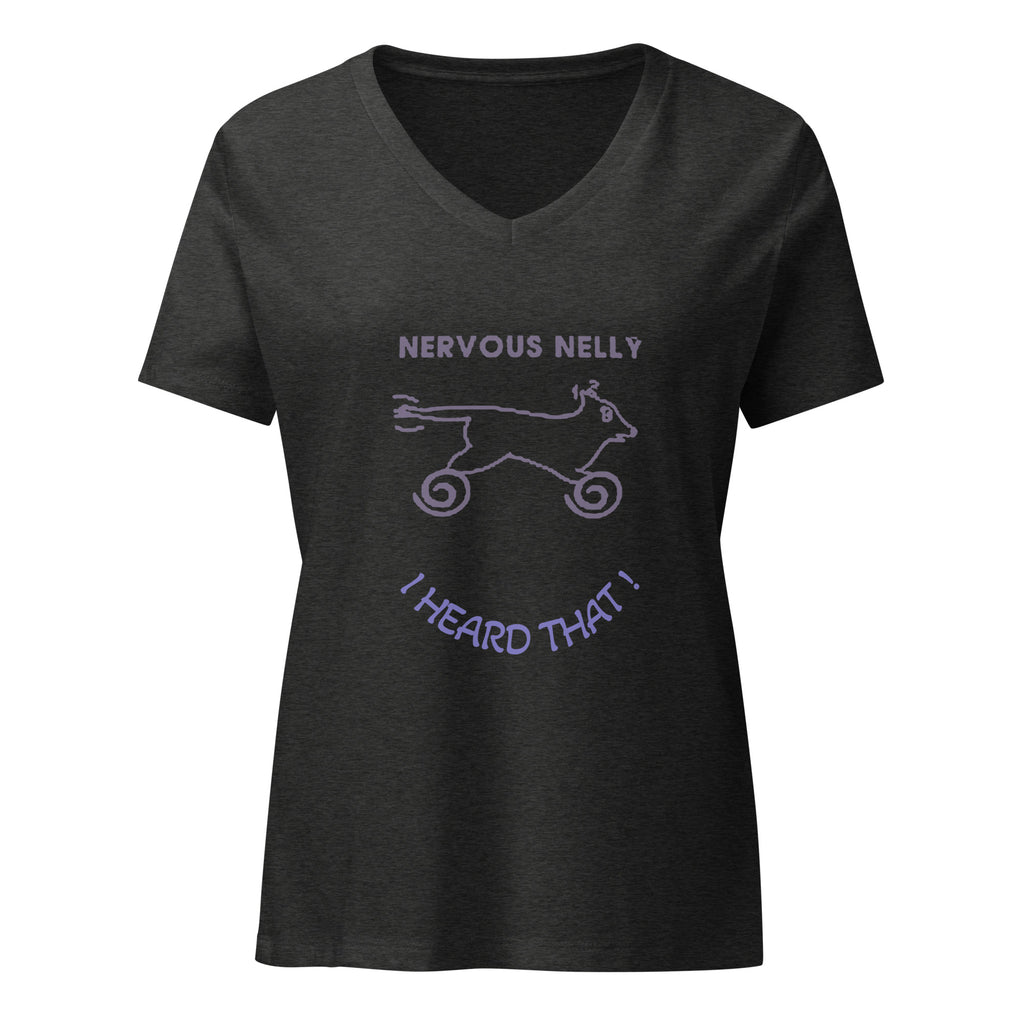 Dogenality℠ Nervous Nelly women's relaxed v-neck t-shirt in dark grey heather, front view