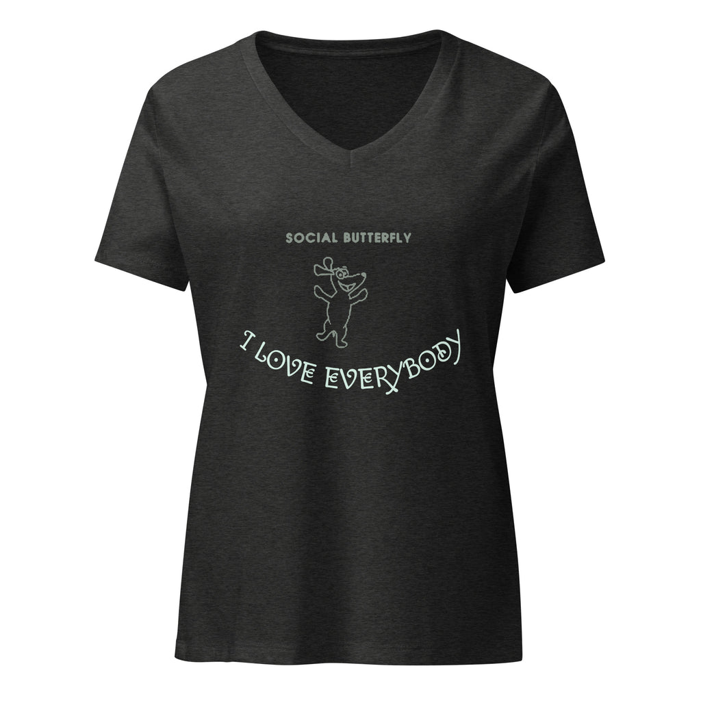 Dogenality℠ Social Butterfly women's relaxed v-neck t-shirt in dark grey heather, front view