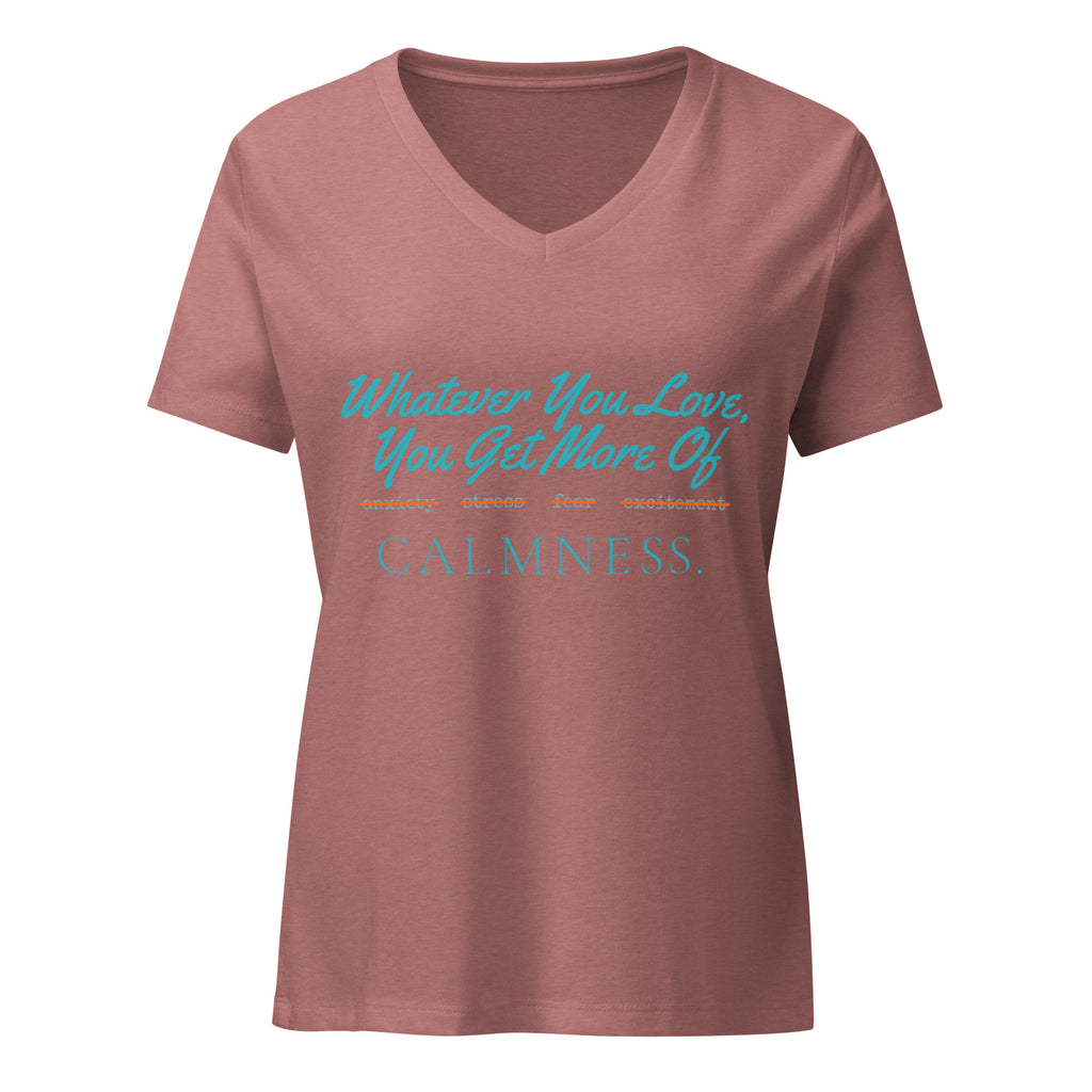 Whatever You Love, You Get More Of women's relaxed v-neck t-shirt in heather mauve, front view