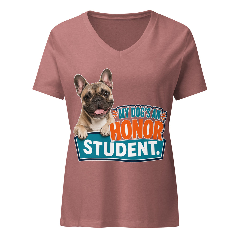 My Dog Is An Honor Student women's relaxed v-neck t-shirt in heather mauve, front view