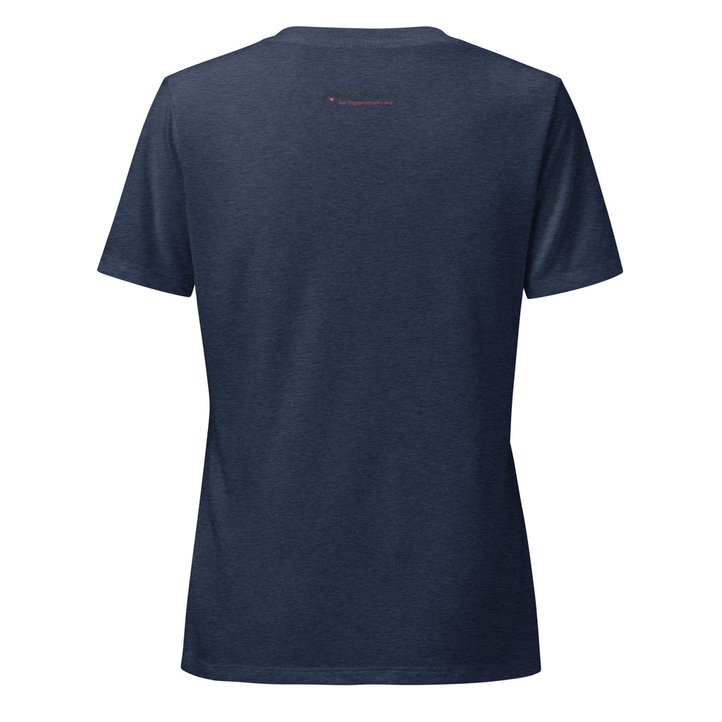 Dogenality℠ Sofa Spud women's relaxed v-neck t-shirt in heather navy, back view