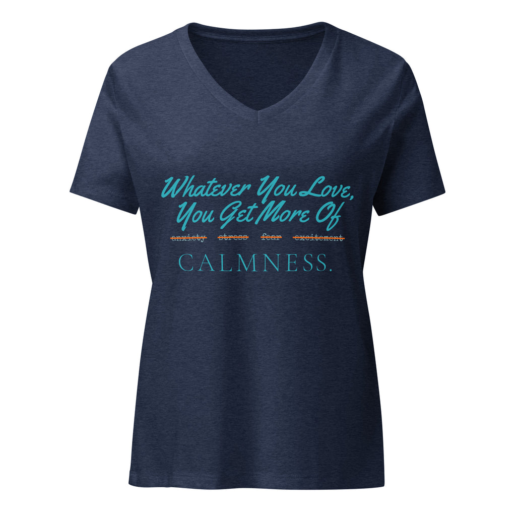 Whatever You Love, You Get More Of women's relaxed v-neck t-shirt in heather navy, front view