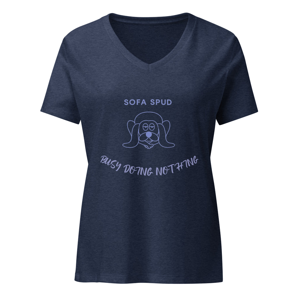 Dogenality℠ Sofa Spud women's relaxed v-neck t-shirt in heather navy, front view