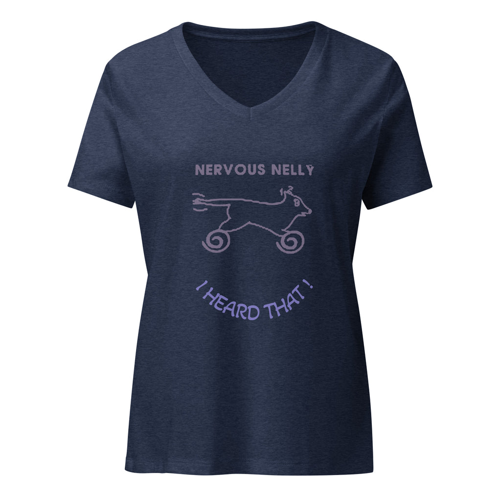Dogenality℠ Nervous Nelly women's relaxed v-neck t-shirt in heather navy, front view