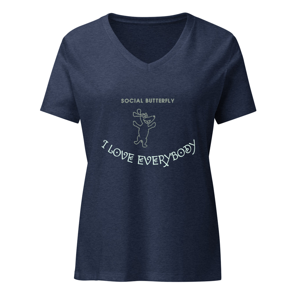 Dogenality℠ Social Butterfly women's relaxed v-neck t-shirt in heather navy, front view