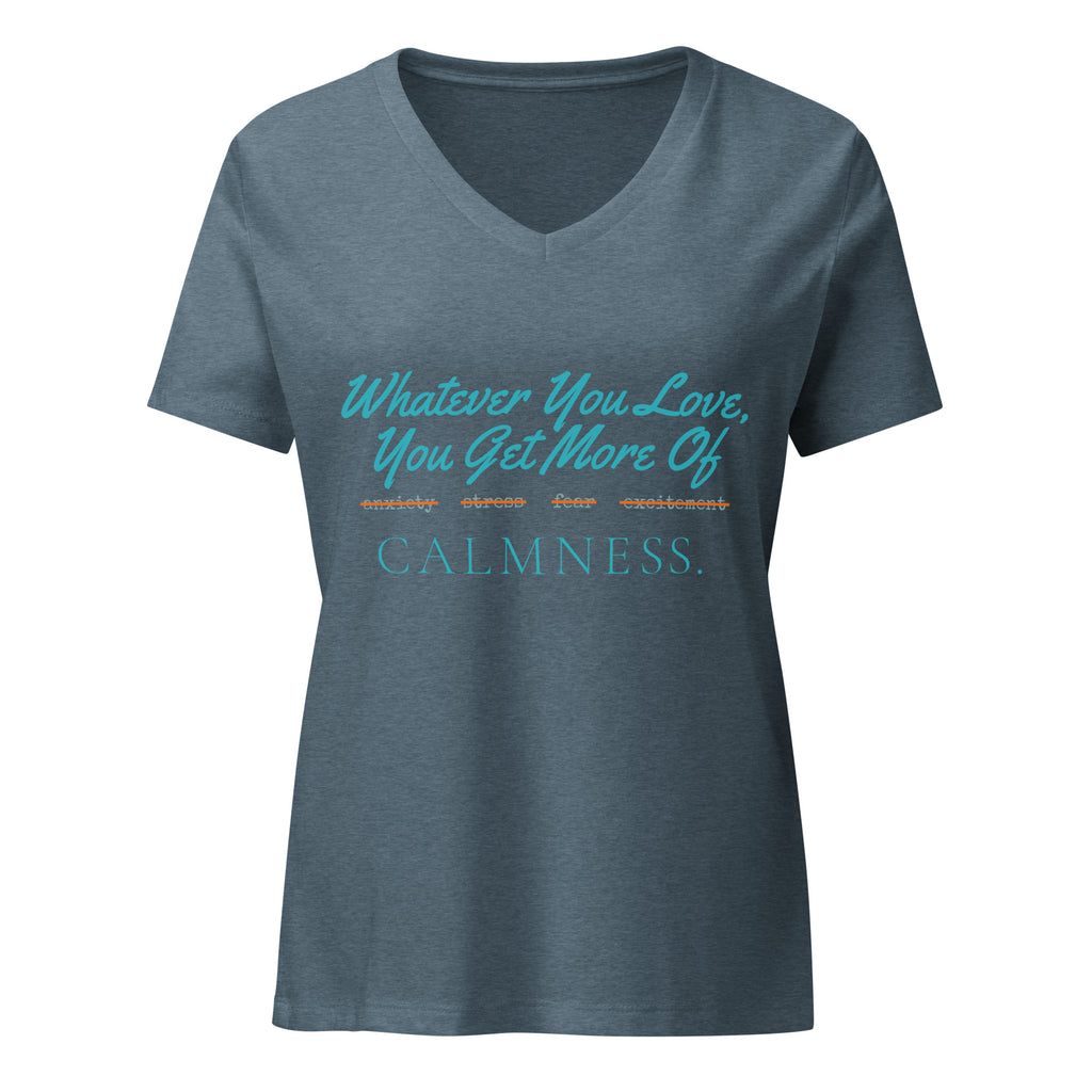 Whatever You Love, You Get More Of women's relaxed v-neck t-shirt in heather slate, front view