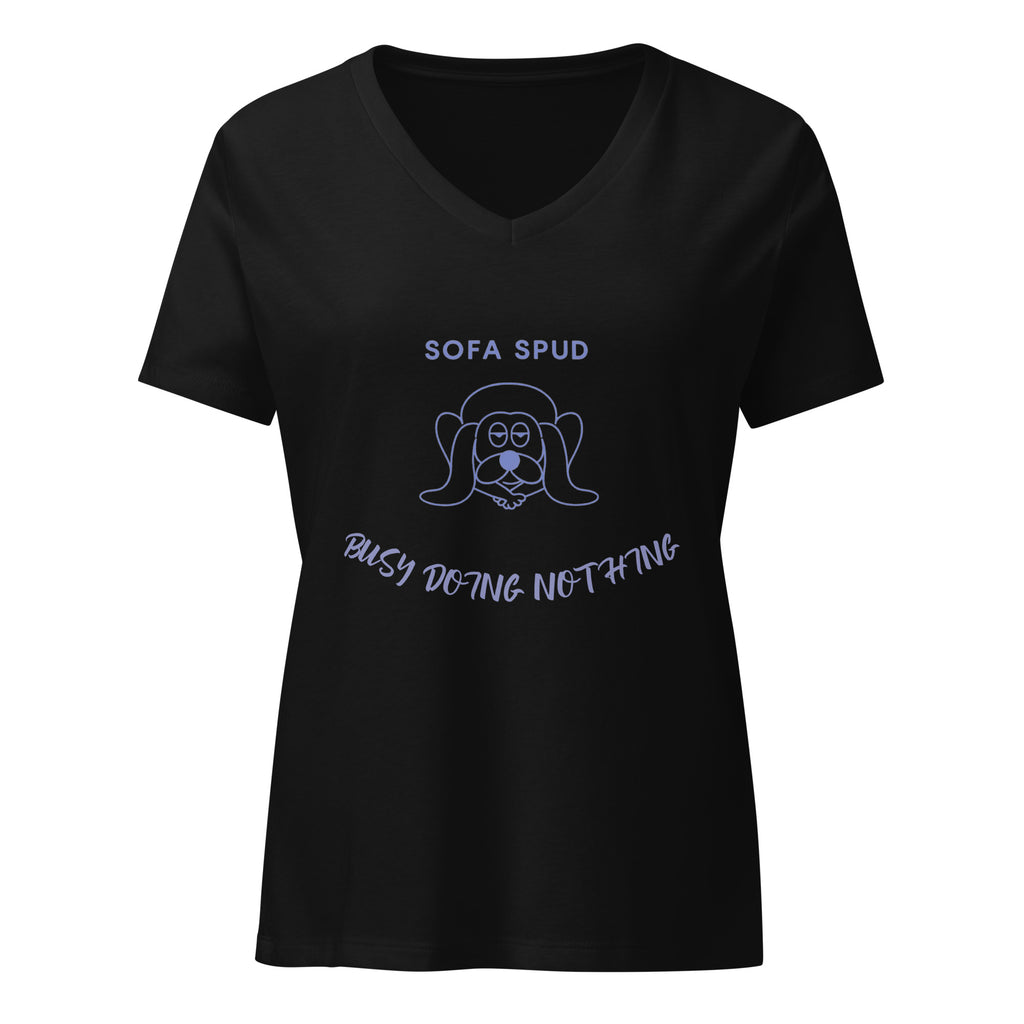 Dogenality℠ Sofa Spud women's relaxed v-neck t-shirt in solid black blend, front view