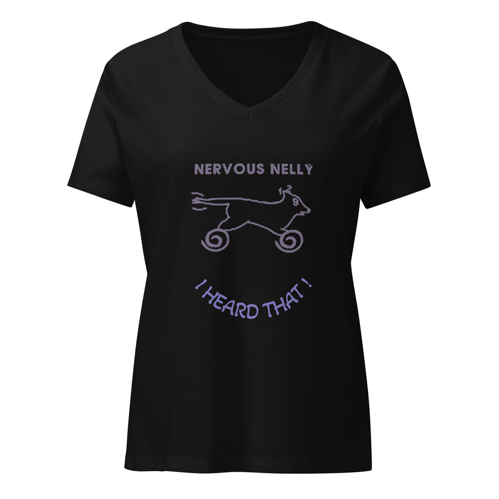 Dogenality℠ Nervous Nelly women's relaxed v-neck t-shirt in solid black blend, front view