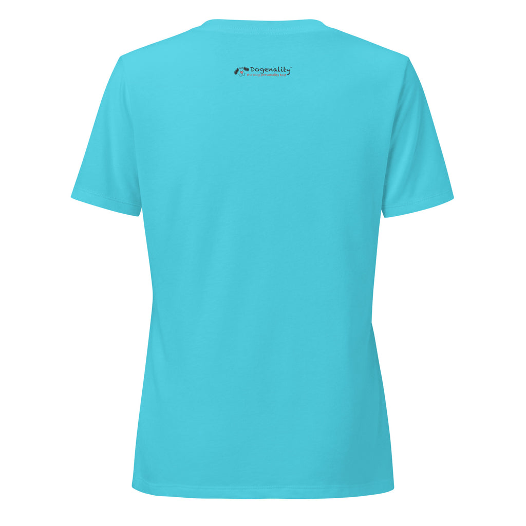 Dogenality℠ Nervous Nelly women's relaxed v-neck t-shirt in turquoise, back view