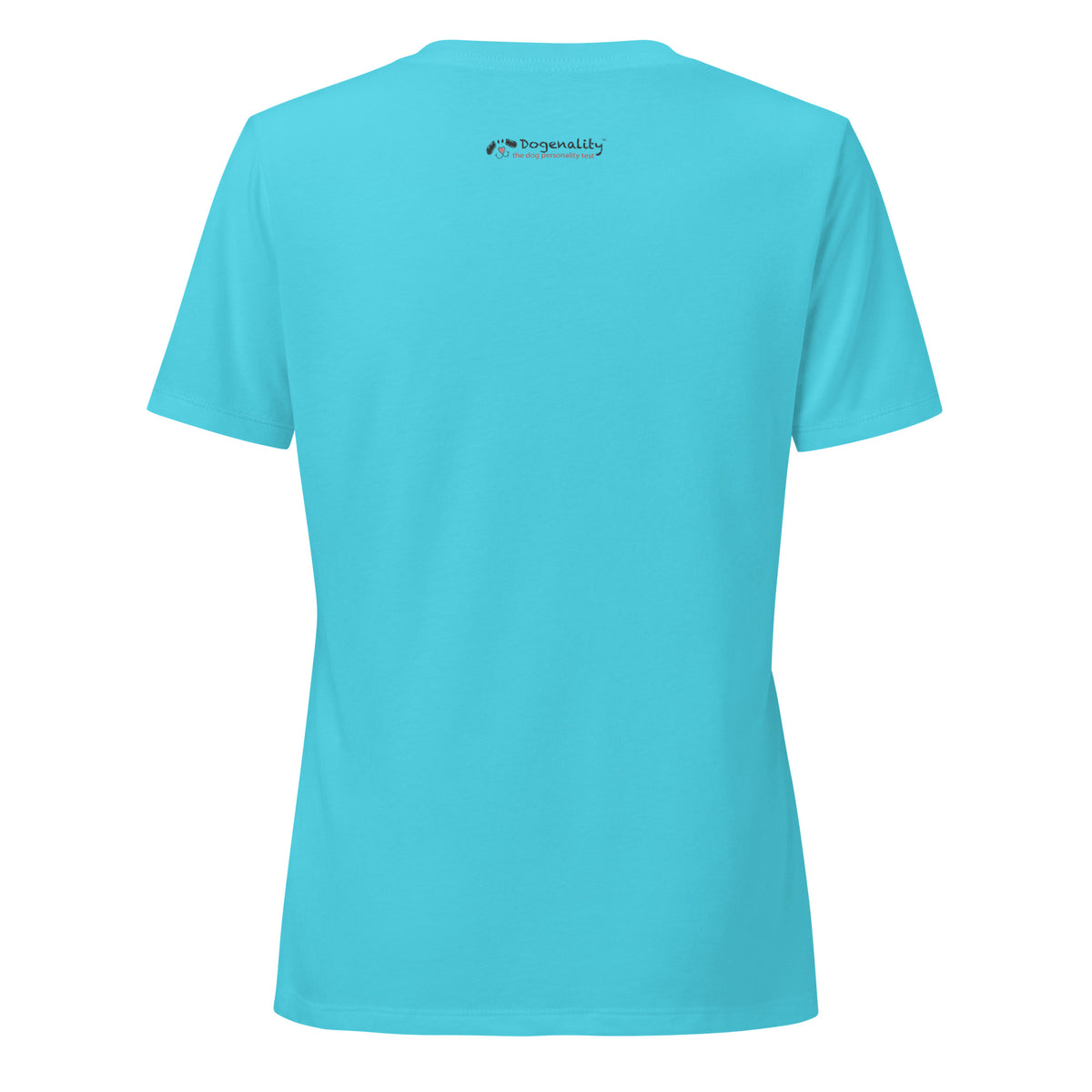 Dogenality℠ Nervous Nelly women's relaxed v-neck t-shirt in turquoise, back view