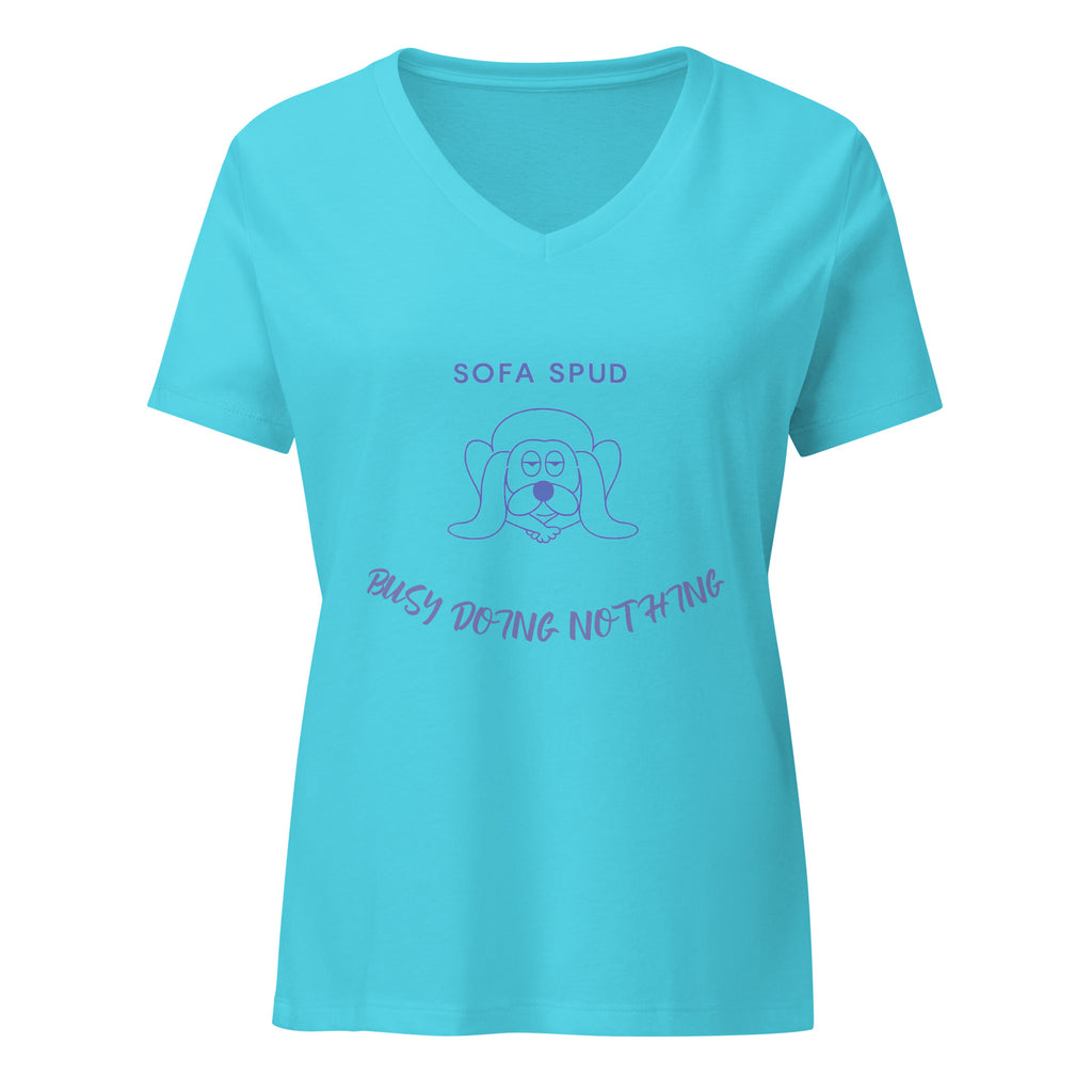 Dogenality℠ Sofa Spud women's relaxed v-neck t-shirt in turquoise, front view