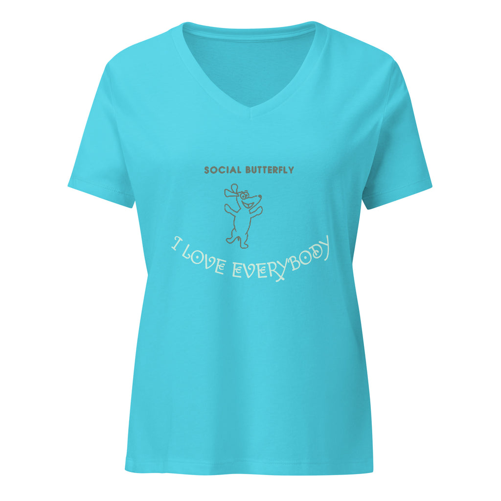 Dogenality℠ Social Butterfly women's relaxed v-neck t-shirt in turquoise, front view